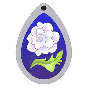 May include: A silver pendant with a blue background and a white flower with a green leaf. The flower has a purple center.
