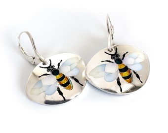 Bumblebee Enamel Earrings – Cloisonné and Champlevé Vitreous Enamels on Fine Silver Sterling Silver Ear Wires by Sandra McEwen
