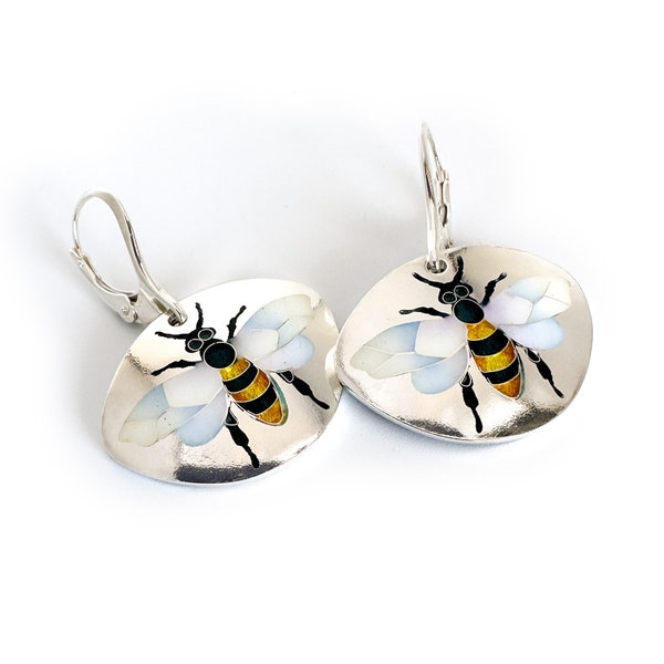 Bumblebee Enamel Earrings – Cloisonné and Champlevé Vitreous Enamels on Fine Silver Sterling Silver Ear Wires by Sandra McEwen