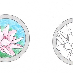 May include: A pink water lily with green leaves in a blue and green circle. The same water lily is shown in a black and white outline in a gray circle.