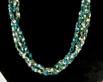 Handmade Crocheted Necklace Using Metallic Silk Ribbon Three Strand Artisan Necklace Blue and Green Jewelry