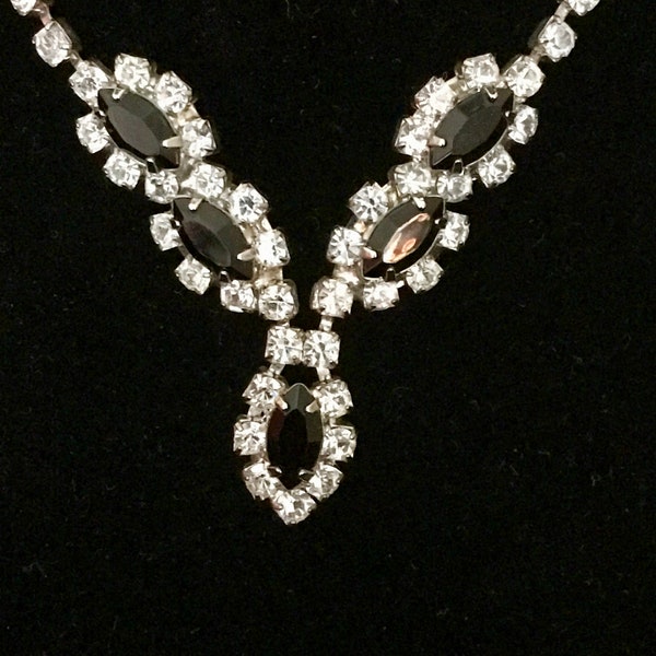 Weiss Rhinestone and Onyx Necklace and Earrings, unsigned Art Deco Crystal necklace, Bridal jewelry,