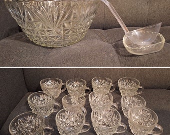 Vintage Punch Bowl Set Anchor Hocking Arlington Ladle, Rest + 12 Cups