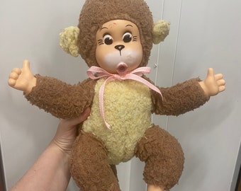 Vintage 70's Thumb Sucking Tan Monkey Plush Stuffed Animal Doll Toy