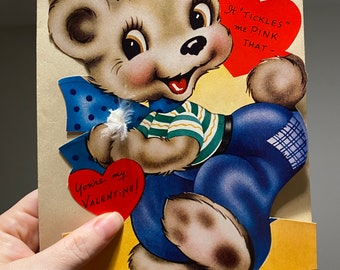 Vintage Valentine Card Bear Feather NOS New Oversized Envelope A-Meri-Card