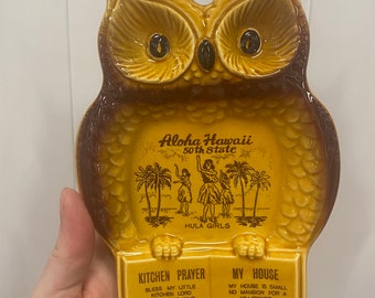 Vintage Hawaii Spoon Rest Owl Aloha Hula Girls 50th State Kitchen Prayer  MIJ