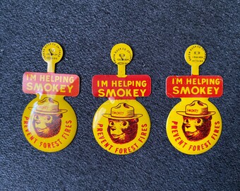 Set of 3 Helping Smokey The Bear Prevents Fires Tin Litho Button Pin 1960s NOS