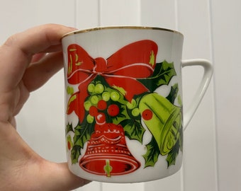 Vintage MCM Lefton China Christmas Holly Berry Bells Mug cup HAND PAINTED 1303