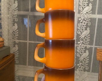 FIRE KING Anchor Hocking Ware Stackable Coffee Mugs Retro Orange & Brown (4) Set