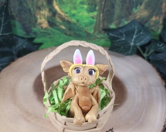 cute gold Easter basket dragon, OOAK fantasy collectable art doll figurine