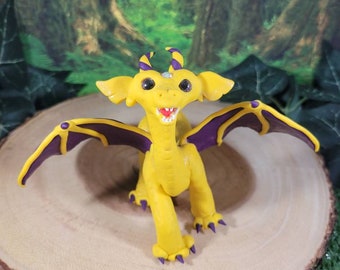 Ooak fantasy roaring dragon purple and yellow with iridescent powder sculpted figurine