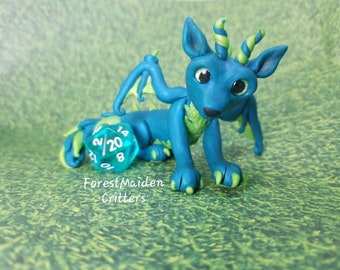 Fantasy Polymer Clay Teal and Green Hell Hound Dog Dragon Sculpture D20 Dice Holder and Guardian - OOAK Hand Made