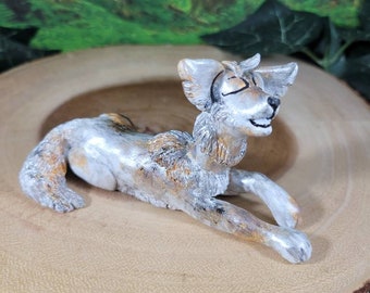 Ooak fantasy silver white and brown wolf howling cartoon style sculpted figurine