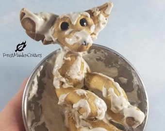 Troublemaking Fantasy Polymer Clay Baked Toasted Sugar Cookie Puppy in Vanilla Frosting mixing bowl - OOAK Hand Made