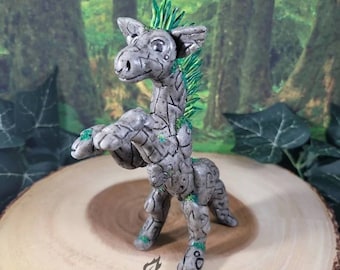 Magic cute carved rune stone horse with moss and grass, OOAK fantasy collectable art doll figurine desk toy