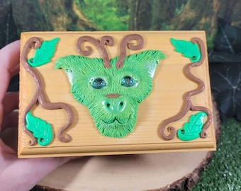 Ooak fantasy creature wooden chest forest themed with green Swarovski crystals for holding treasures sculpted