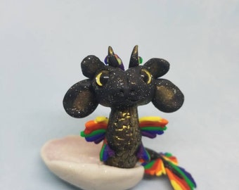 Fantasy Polymer Clay Black Sparkle and Rainbow with Gold Accents Dragon Mermaid Beta Fish Sitting on a Seashell - OOAK Hand Made