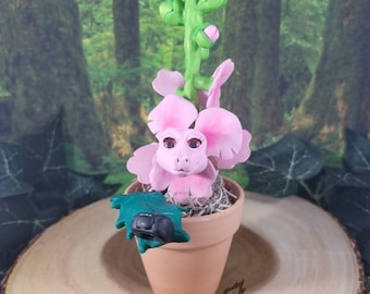 cute pink flower snap dragon, OOAK fantasy collectable art doll figurine desk toy with removable camera