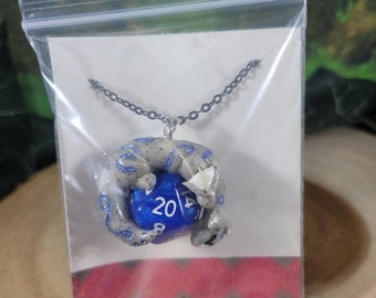 Ooak fantasy rune dragon sleeping on a D20 geeky necklace on a black chain