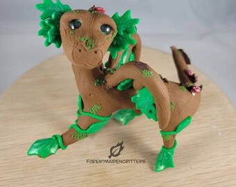 Cute Fantasy Woodland Dragon Nature Wood, Leaf, and Mushroom Creature Handmade OOAK with Crystal