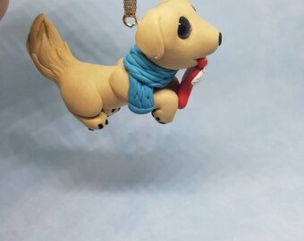 Polymer Clay Cute Fantasy Golden Lab wearing Blue Scarf holding Christmas Stocking Figurine Ornament - OOAK Handmade