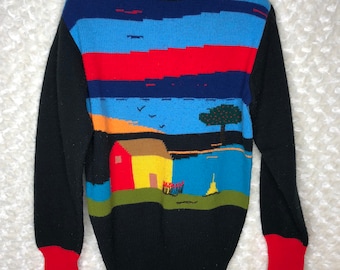 RARE 70s turtle neck sweater farm landscape