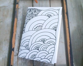 Black White Graphic Notebook, Doodled Sketchbook, Zentangle Notebook ,Sewn Jotter