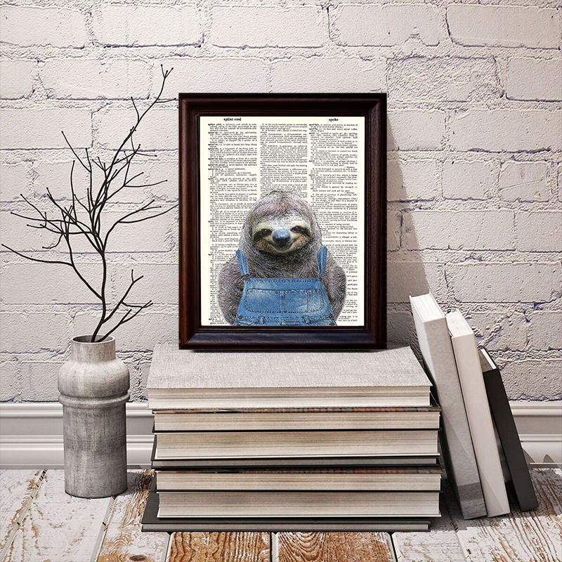 Sloth in Overalls Dictionary Art Print Etsy
