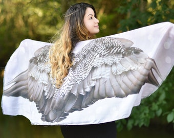 Black, Grey, and White Spotted Wing Scarf - Digitally Printed on 100% Modal Silk