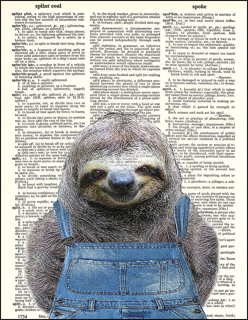 Sloth in Overalls Dictionary Art Print Etsy