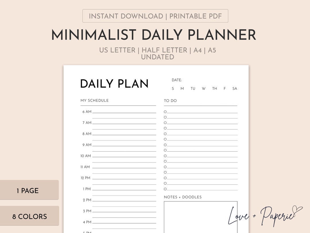 Printable Minimalist Hourly Daily Planner | Daily Planner Insert ...