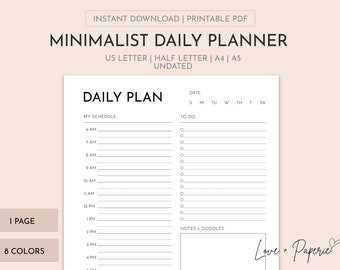 Printable Minimalist Hourly Daily Planner | Daily Planner Insert | Undated | A4/A5/Letter/Half Letter | Multiple Colors | Instant Download