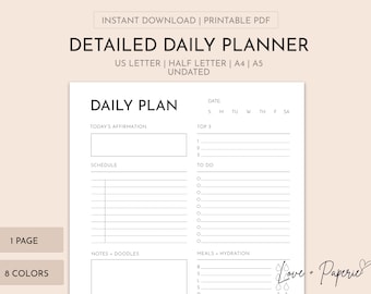 Printable Detailed Daily Planner | Daily Planner Insert | Undated | A4/A5/Letter/Half Letter | Multiple Colors | Instant Download