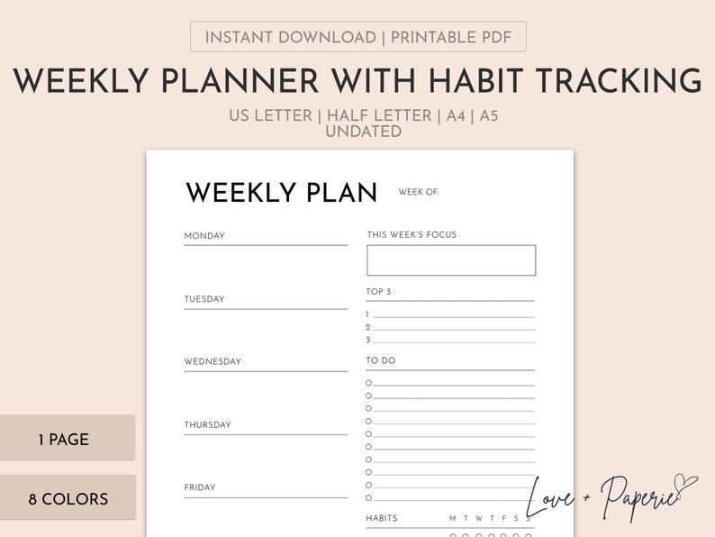 Printable Weekly Plan With Habit Tracker | Weekly Planner Insert | A4 ...