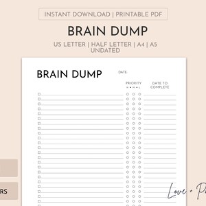 Printable Brain Dump | Printable Task List |  Planner Insert | Undated | A4/A5/Letter/Half Letter | Multiple Colors | Instant Download