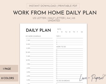 Printable Work from Home Daily Planner | Daily Planner Insert | Undated | A4/A5/Letter/Half Letter | Multiple Colors | Instant Download