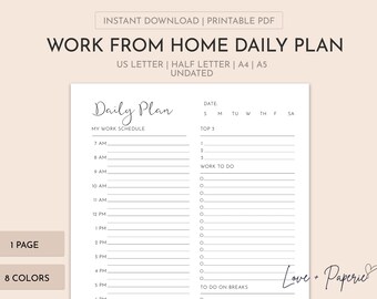 Printable Work from Home Daily Planner | Daily Planner Insert | Undated | A4/A5/Letter/Half Letter | Multiple Colors | Instant Download