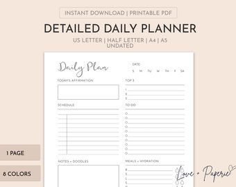 Printable Detailed Daily Planner | Daily Planner Insert | Undated | A4/A5/Letter/Half Letter | Multiple Colors | Instant Download