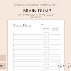 Printable Brain Dump | Printable Task List |  Planner Insert | Undated | A4/A5/Letter/Half Letter | Multiple Colors | Instant Download