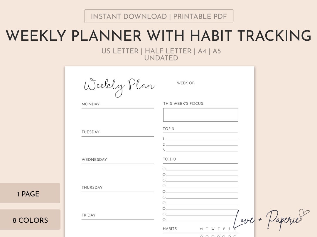 Printable Weekly Plan With Habit Tracker | Weekly Planner Insert | A4 ...