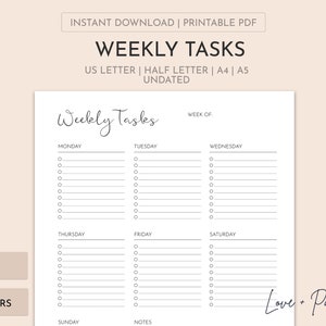 Printable Weekly Task List | Printable Task List |  Planner Insert | Undated | A4/A5/Letter/Half Letter | Multiple Colors | Instant Download