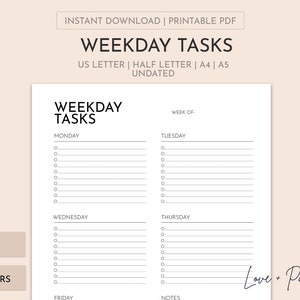 Printable Weekday Task List | Printable Task List |  Planner Insert | Undated | A4/A5/Letter/Half Letter | Multiple Colors | Instant Downloa