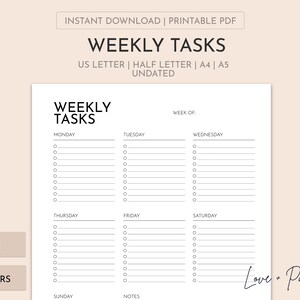 Printable Weekly Task List | Printable Task List |  Planner Insert | Undated | A4/A5/Letter/Half Letter | Multiple Colors | Instant Download