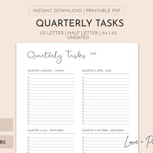 Printable Quarterly Task List | Printable Task List |  Planner Insert | Undated | A4/A5/Letter/Half Letter | Multiple Colors | Instant Down