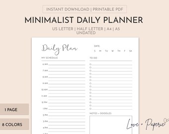 Printable Minimalist Hourly Daily Planner | Daily Planner Insert | Undated | A4/A5/Letter/Half Letter | Multiple Colors | Instant Download