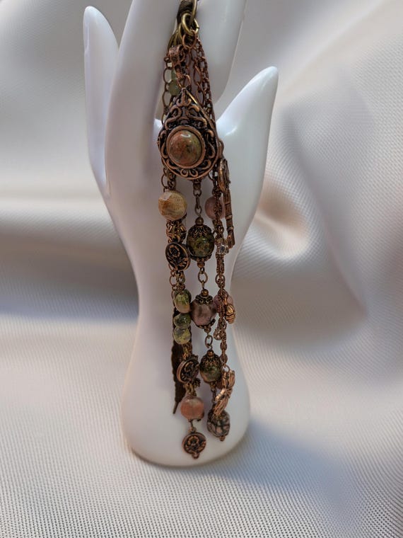 Boho Unakite Rhodonite Tassel, Antique Copper Filigree Pendant, Green and Pink Gemstone Tassel
