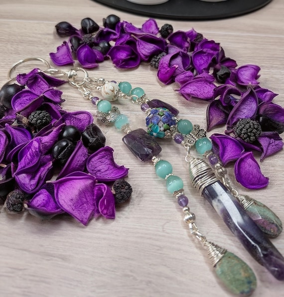 Boho Amethyst and Gemstone Wire Wrapped Tassel Keychain/Bag Charm With Lampwork Glass