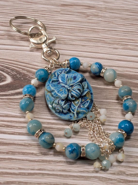Ceramic Butterfly Focal Pendant and Crazy Lace Agate Tassel