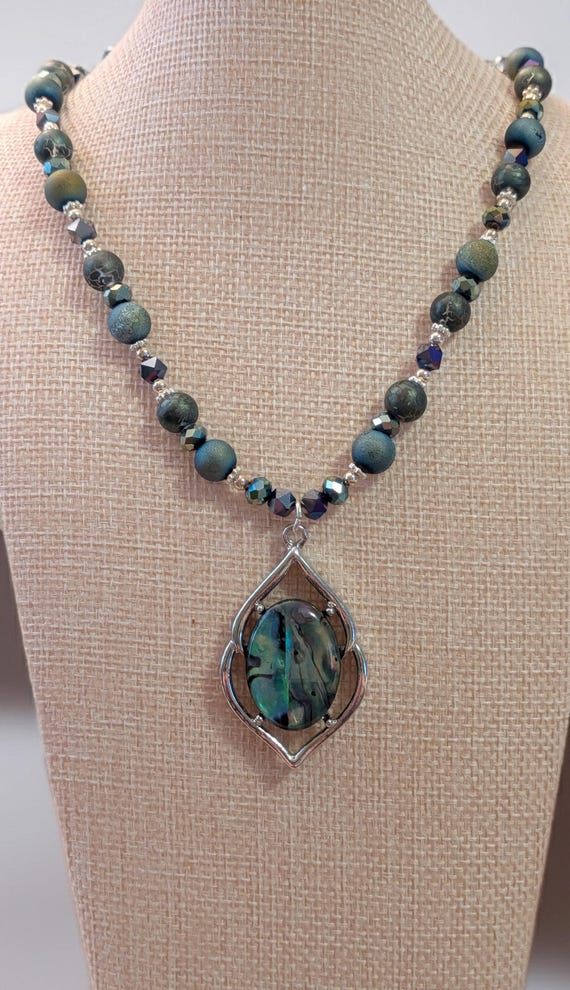 Handmade Abalone Pendant Necklace with Blue-Green Agate and Crystal Beads