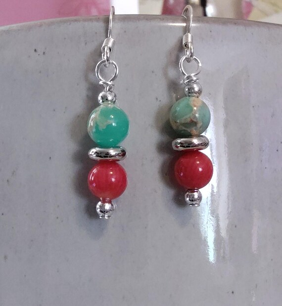 Sea Jasper and Coral Earrings